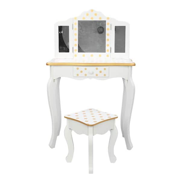 Outopee 3-Fold Mirror White Color with Yellow Dots Children Vanity Table Sets 2-of Pieces