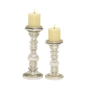 Silver Metal Handmade Turned Style Pillar Candle Holder with Faux Mercury Glass Finish (Set of 2)