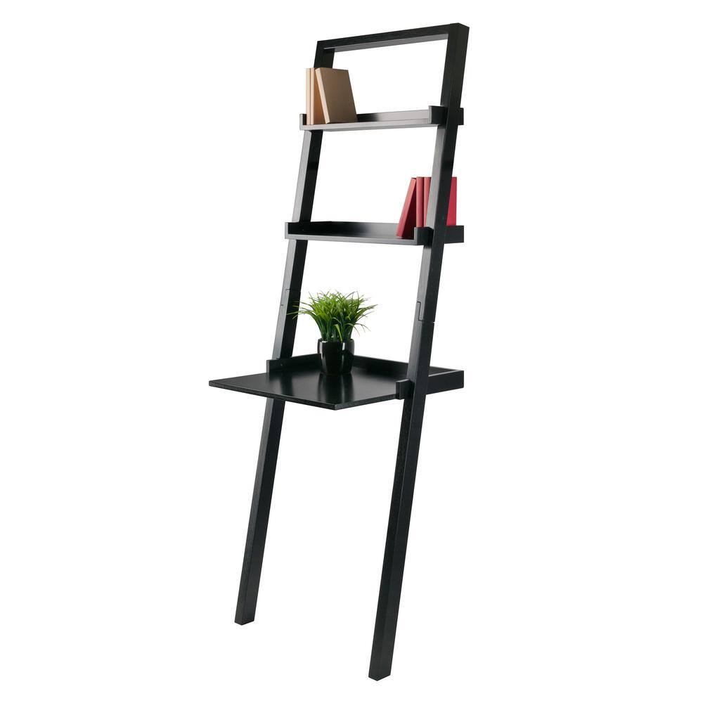 Sleek Black Wood Composite Leaning Desk with 2 Shelves