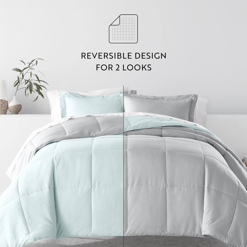 Aqua and Gray Reversible Down-Alternative Comforter Set, Full/Queen