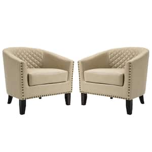 Mid-Century Beige Solid Wood Legs PU Leather Upholstered Accent Barrel Chair with Nail Head Trim (Set of 2)