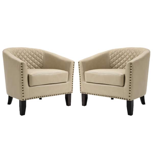 Uixe Mid-Century Beige Solid Wood Legs PU Leather Upholstered Accent Barrel Chair with Nail Head Trim (Set of 2)
