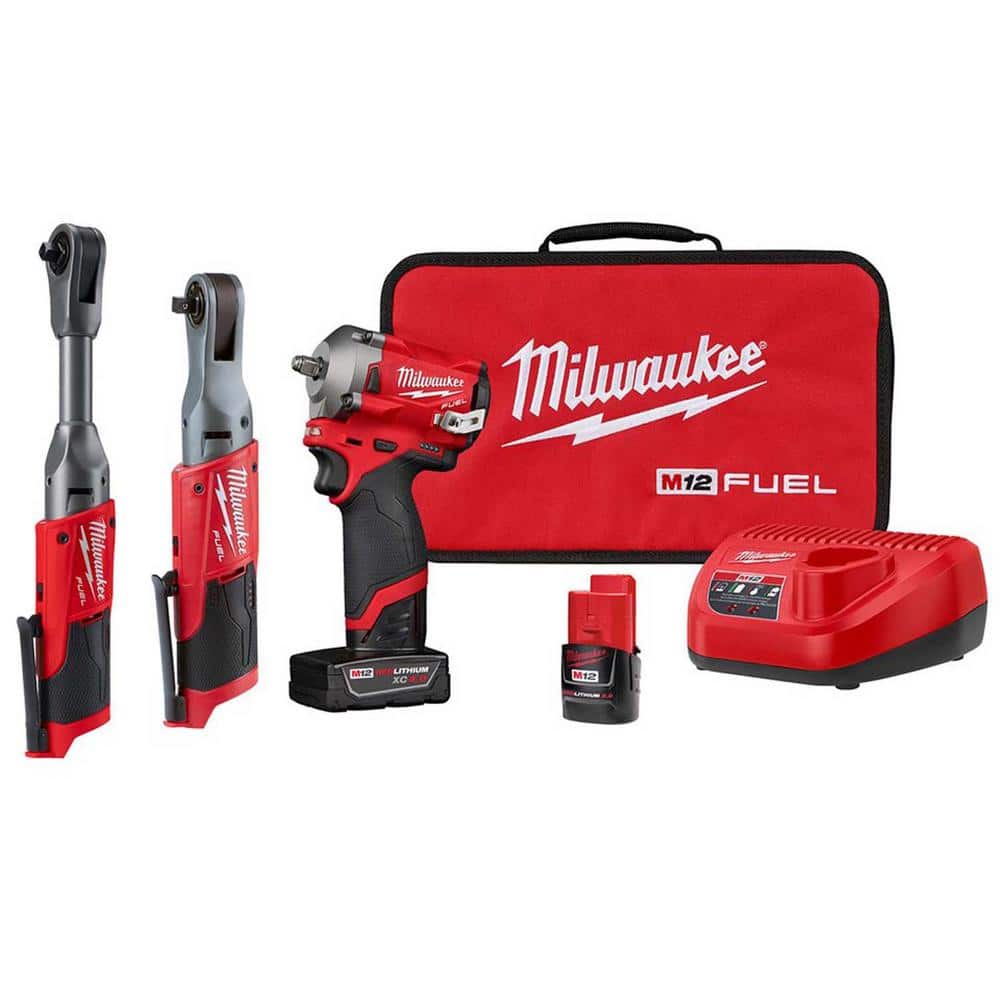 Milwaukee M12 FUEL 12V Lithium-Ion Brushless Cordless 3/8 in. Impact Wrench & Ratchet Combo Kit (2-Tool) W/ Extended Ratchet