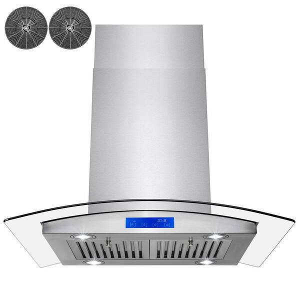 AKDY 30 in. Convertible Kitchen Island Range Hood in Stainless Steel with Tempered Glass LEDs and Carbon Filters