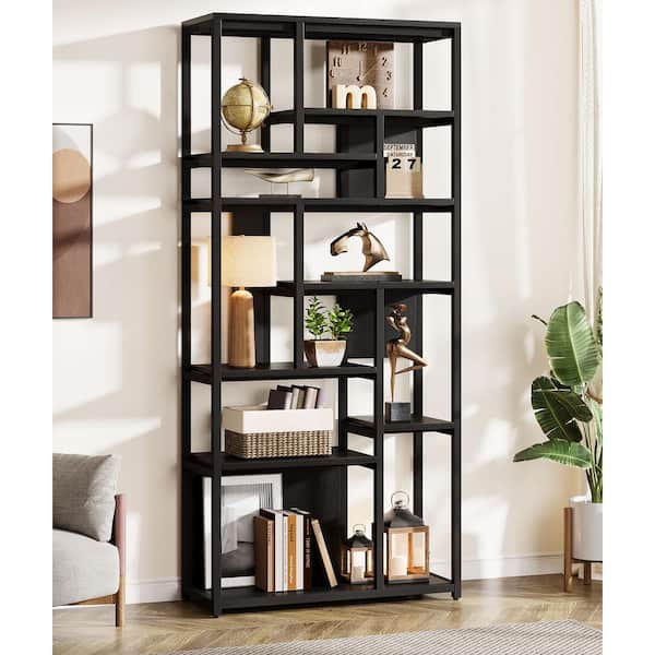 BYBLIGHT 70.9 in. Tall Black Engineered Wood 12-Shelf Etagere Bookcase with 8-Tier Display Shelving Unit for Living Room