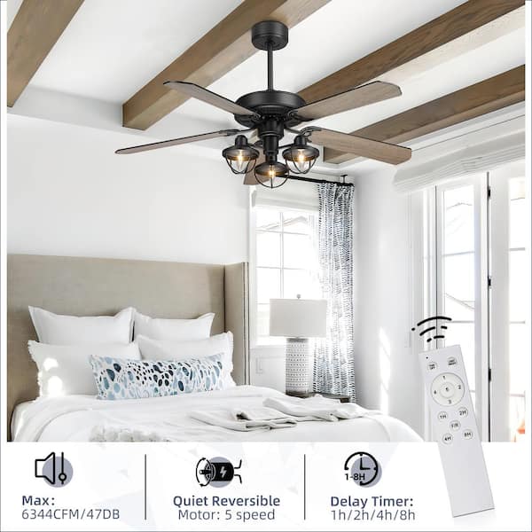 52 In Indoor Matte Black Barnwood Finish 3 Light Ceiling Fan With Remote Control