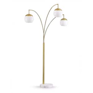 Metro 83 in. Brushed Brass 3-Lights LED Dimmable Globes Arc Floor Lamp with White Glass Shade and LED Vintage Bulbs