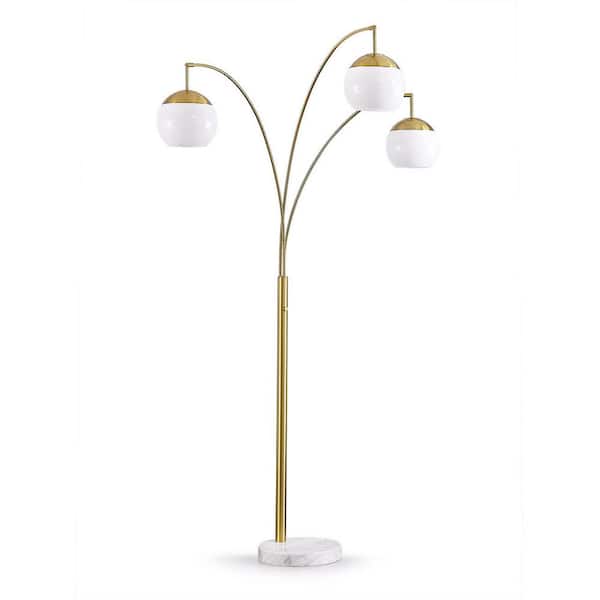 HomeGlam Metro 83 in. Brushed Brass 3-Lights LED Dimmable Globes Arc Floor Lamp with White Glass Shade and LED Vintage Bulbs
