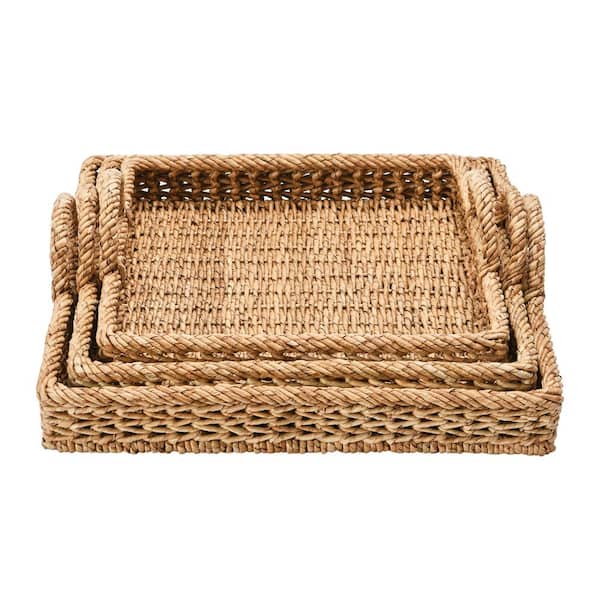 Brown Square Wicker 20 in. Decorative Trays with Handles 3-Pack