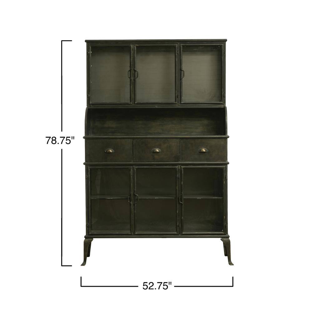 Storied Home Metal Storage Cabinet Black: Elegant Glass Doors, Geometric Hutch Design, Durable Iron Frame