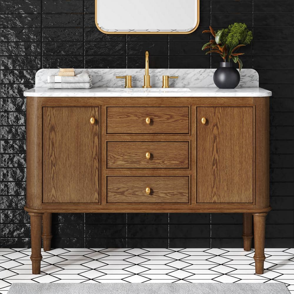 Collette 48 in W x 22 in D x 35 in H Single Sink Bath Vanity in Cinnamon Oak With White Carrara Marble Top -  Home Decorators Collection, 23016-VS48-CO