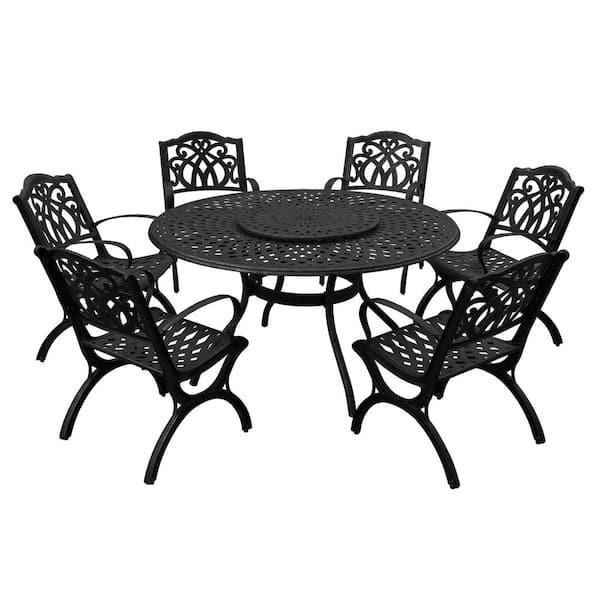 Black 7-Piece Aluminum Round Outdoor Dining Set with Lazy Susan and 6-Chairs