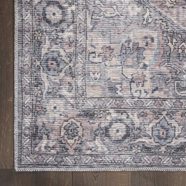 Gray 2 ft. x 10 ft. Floral Power Loom Distressed Washable Runner Rug