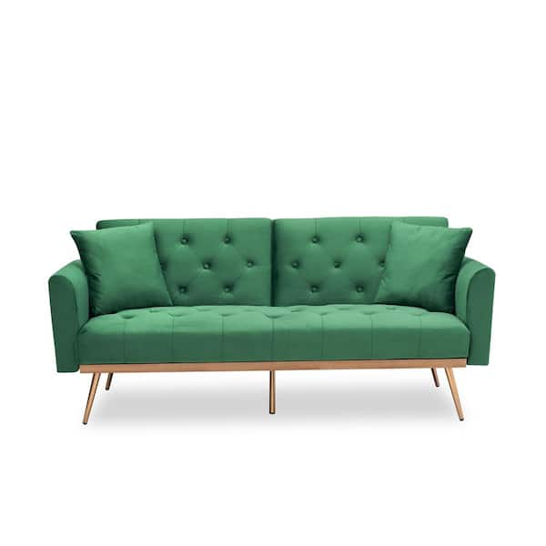 URTR 32 in. W Square Arm Sofa Velvet Upholstery Sofa Modern Straight Folding Living Room Sofa Bed with 2-Pillows in Green