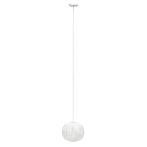 11.38 in. 1-Light White Modern Bohemian Rounded Woven Paper Rope Hanging Ceiling Pendant Light