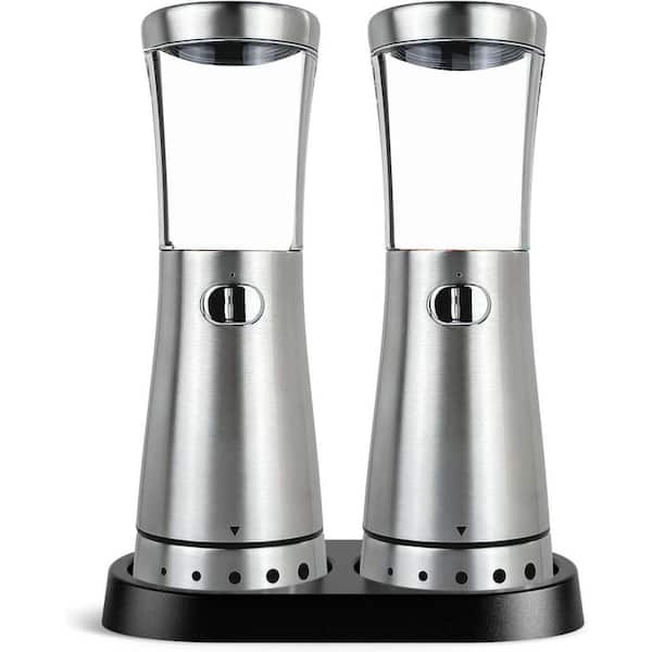 Electric Salt and Pepper Grinder Set Stainless Steel Adjustable Coarseness Large Capacity LED Light Storage Base