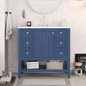 36 in. W x 18 in. D x 34.1 in. H Single Sink Freestanding Bath Vanity in Blue with White Ceramic Top