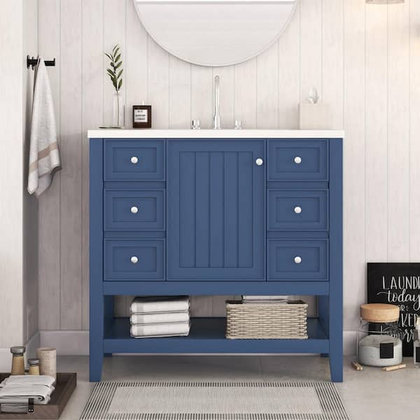 Staykiwi 36 in. W x 18 in. D x 34.1 in. H Single Sink Freestanding Bath Vanity in Blue with White Ceramic Top