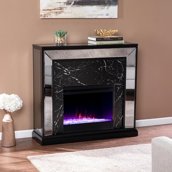 Southern Enterprises Lylan 23 in. Color Changing Electric Fireplace in Antique Silver w/Black Faux Marble and Mirror