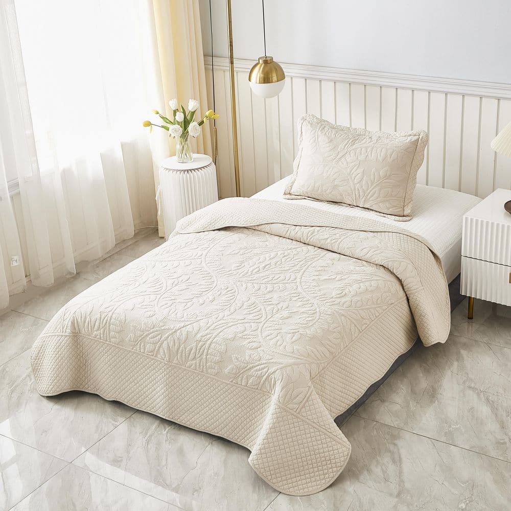 Khaki Beige Twin Cotton Reversible Quilt Set