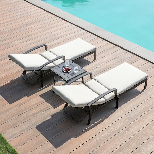 Dark Brown 3-Piece Aluminum Outdoor Patio Reclining Chaise Lounge with Side Table and Beige Cushions