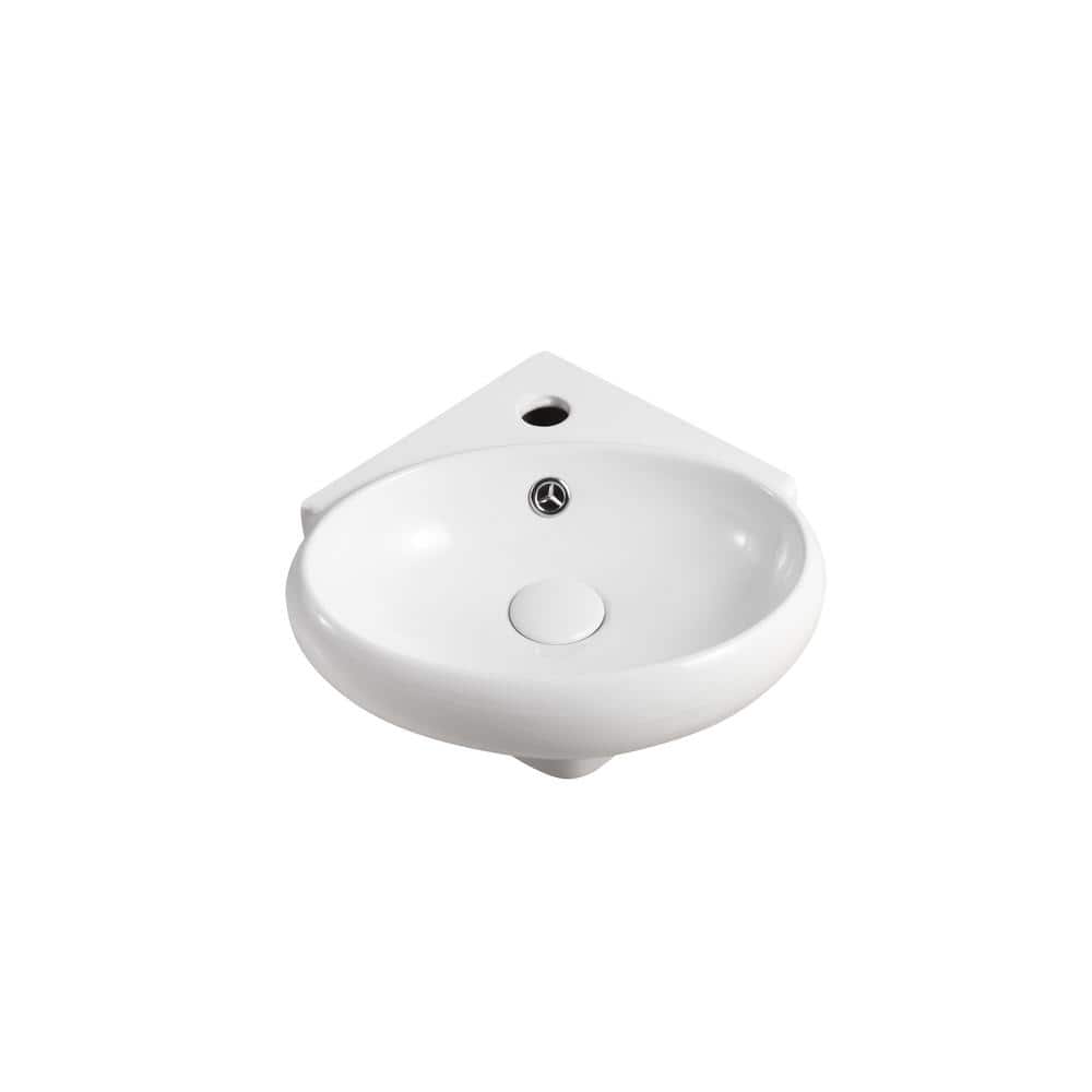 Compact White Ceramic Wall-Mount Corner Sink with Overflow