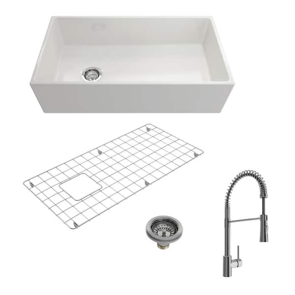 BOCCHI Contempo White Fireclay 36 in. Single Bowl Farmhouse Apron Front Kitchen Sink with Faucet