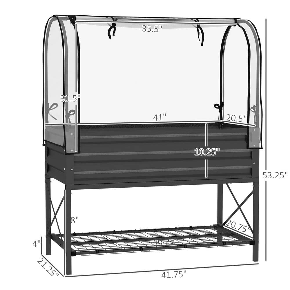 Black Metal Raised Garden Bed with Cover and Storage Shelf