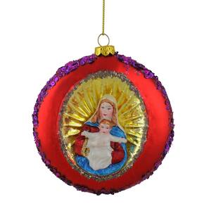4 in. Mary and Baby Jesus Sequin Religious Christmas Glass Disc Ornament