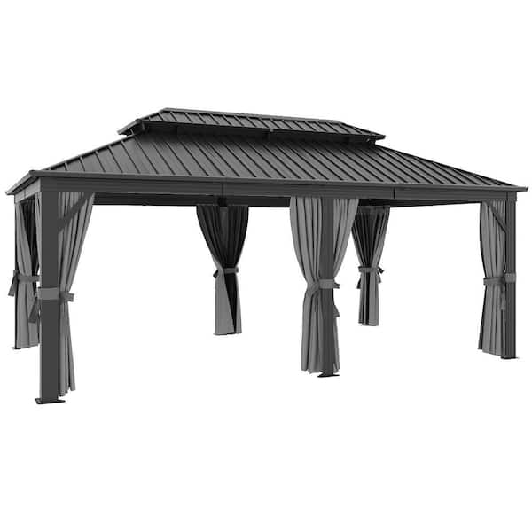 20 ft. W x 12 ft. D Black Galvanized Steel Double Roof Hardtop Gazebo with Aluminum Frame, Curtain and Netting