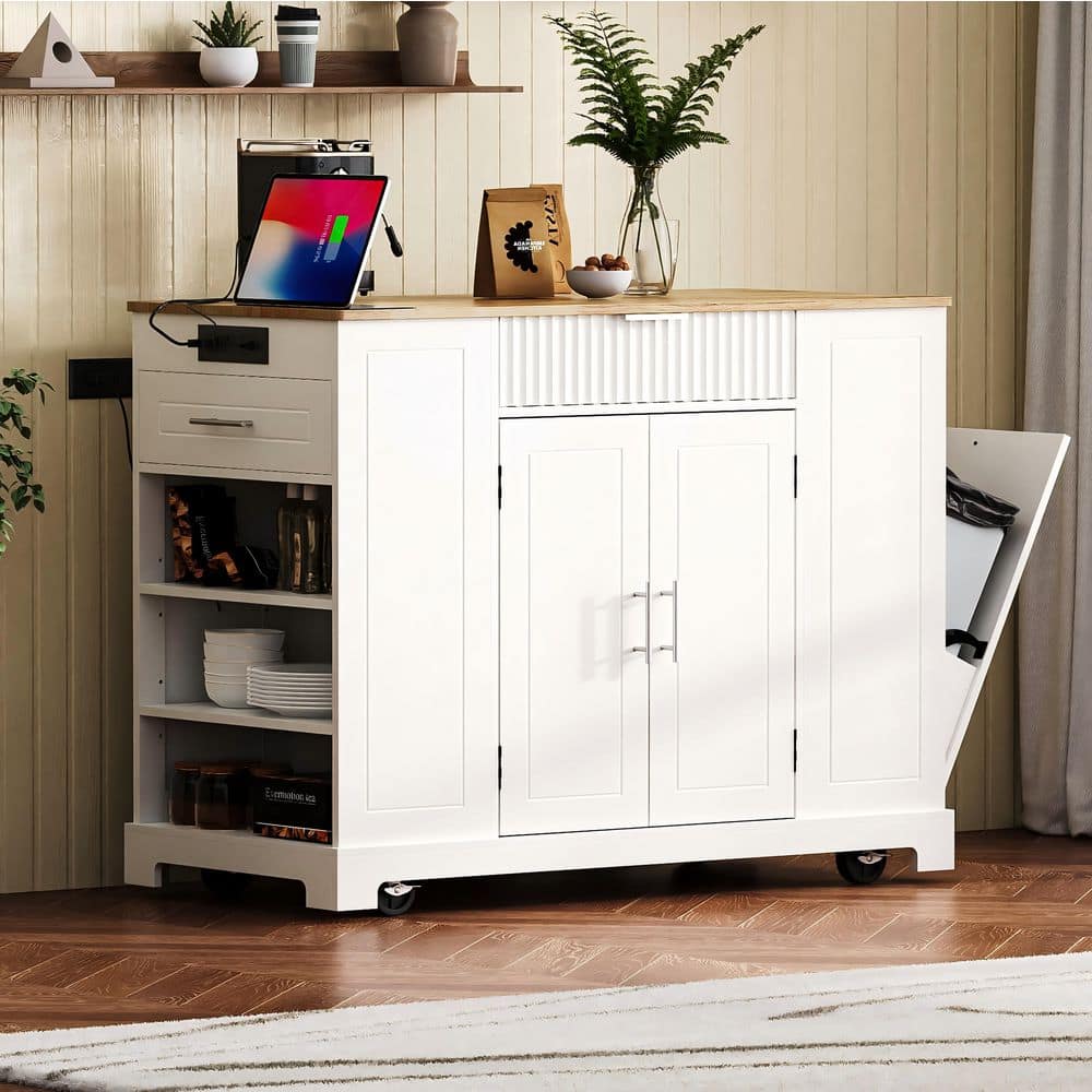 White Rubber Wood 48.5 in. W Kitchen Island with Trash Can Storage Cabinet, Power Outlet, Drawers, Open Side Racks