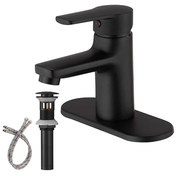 HOMEMYSTIQUE Single Handle Waterfall Vanity Faucet in Matte Black with Deck Plate and Drain