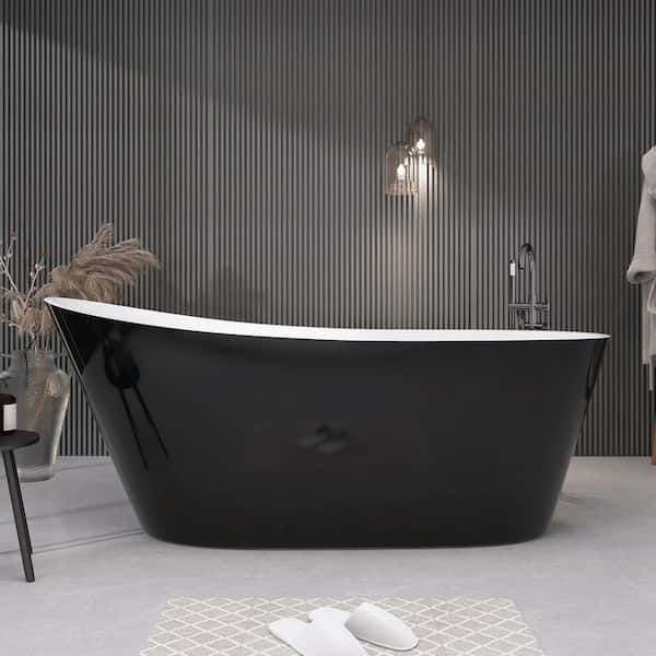 59 in. x 29.1 in. Acrylic Flat Bottom Free Standing Bathtub Oval Freestanding Soaking Bathtub with Side Drain in Black