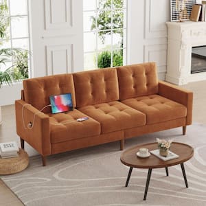 Modern 76.79 in. Square Arm Velvet Rectangle 3-Seater Sofa in. Orange