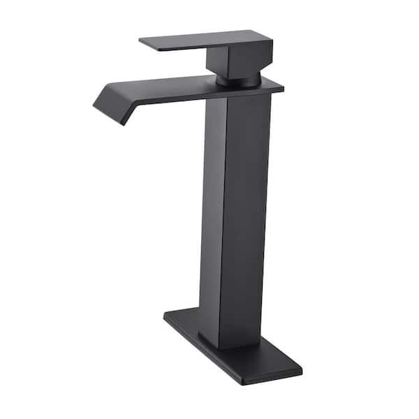 Waterfall Spout Bathroom Faucet, Single Handle Single Hole Bathroom Vanity Sink Faucet in Matte Black
