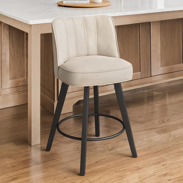 LUE BONA Paul 26 in. Beige Modern Fabric 360° Swivel High Back Barstool Upholstered Solid Wood Counter Height stool