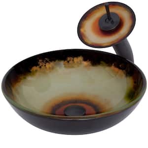 Occaso Glass Vessel Sink Hand-Painted Black/Orange with Faucet and Matching Drain and Mounting Ring in Oil Rubbed Bronze