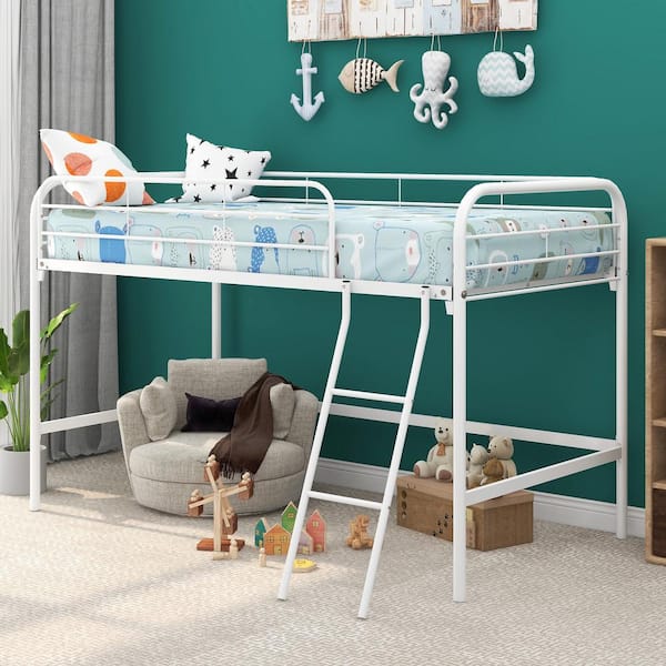 GODEER White Twin Size High Metal Loft Bed