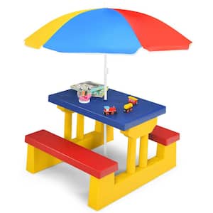 1-Piece Plastic Kids Picnic Folding Table and Bench Set Outdoor Dining Set with Umbrella in Yellow