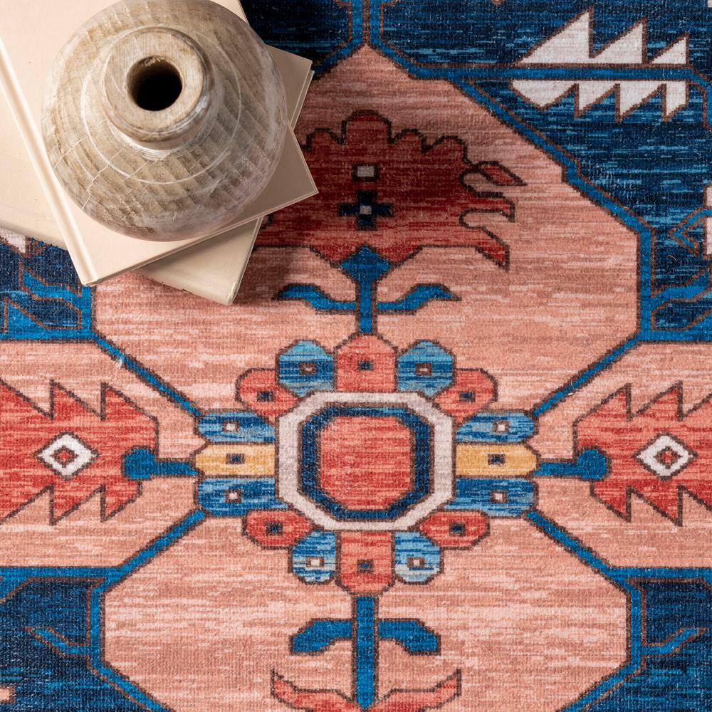 6' Round Red and Blue Oriental Synthetic Area Rug