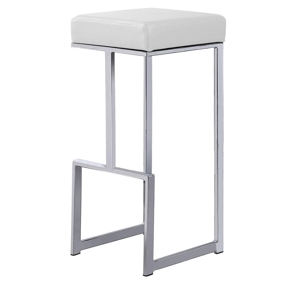 31" White Faux Leather Backless Bar Stools with Silver Frame, Set of 2