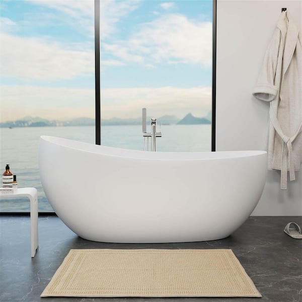 63 in. x 30.7 in. Single Slipper Solid Surface Flatbottom Stone Resin Oval Freestanding Soaking Bathtub in White