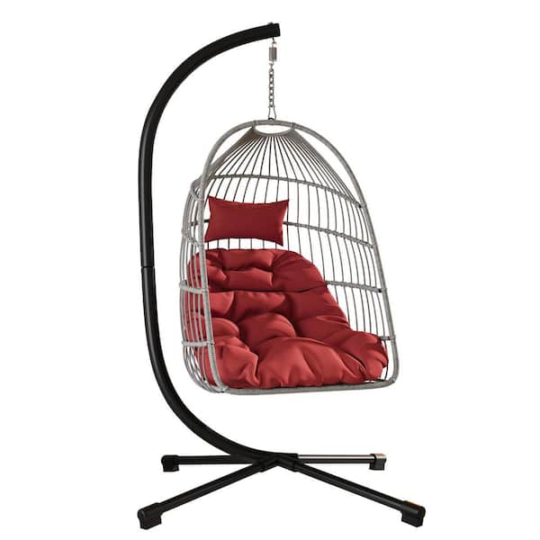 Avex 54.72 in. 1-Person Black Metal Patio Swing Outdoor Egg Hanging Chair with Red Cushions