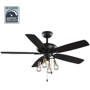 52 in. Bay City Indoor LED Matte Black with Brass Accents Dry Rated Ceiling Fan with Light Kit and 5 Reversible Blades
