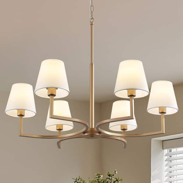 6-Light Gold Farmhouse Large Chandelier with White Fabric Shade Adjustable Pendant Light for Kitchen Island