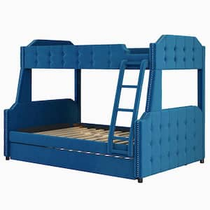 Blue Twin over Full Upholstered Bunk Bed with Trundle and Ladder, Tufted Button Design