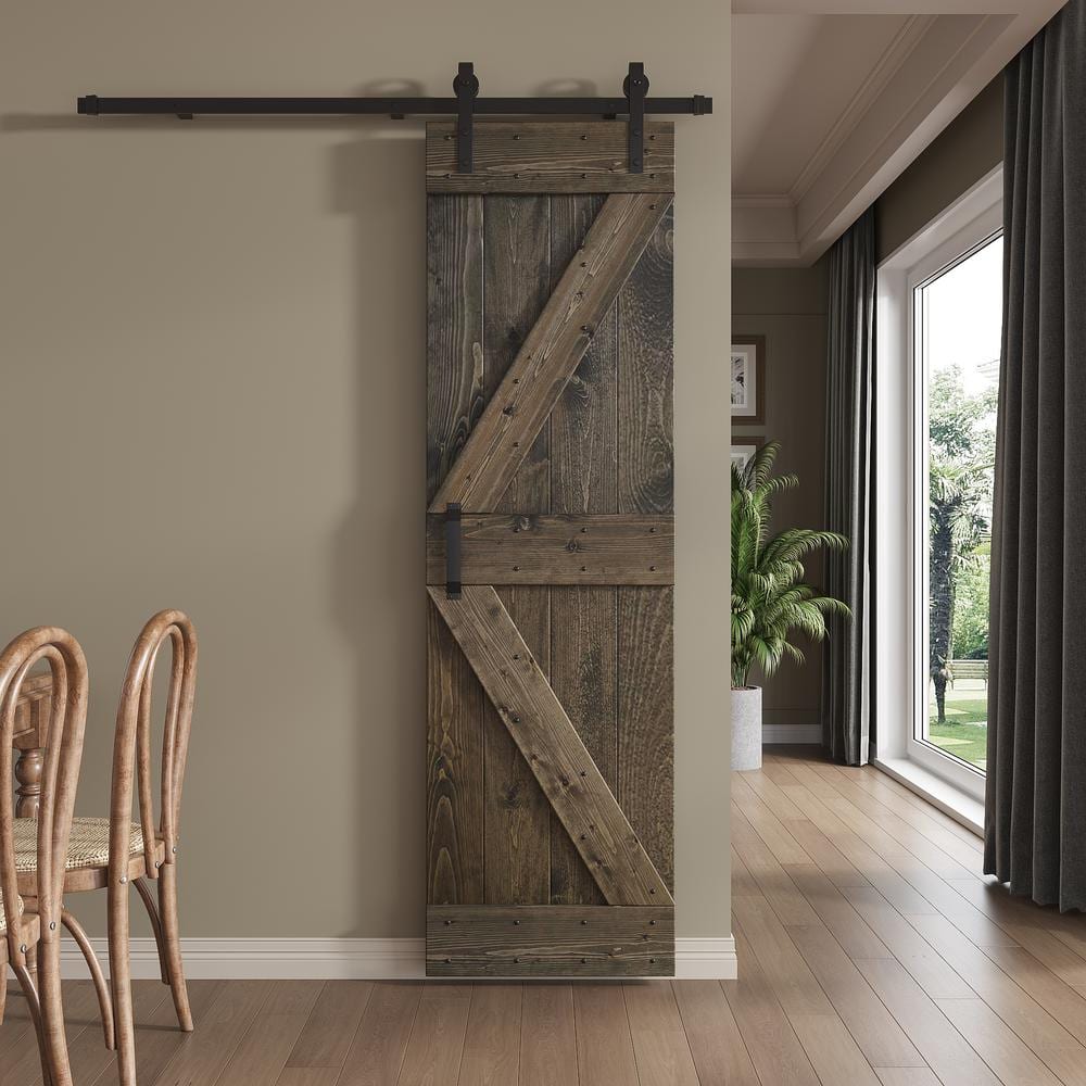 Aged Barrel Pine Wood Sliding Barn Door with Black Hardware Kit
