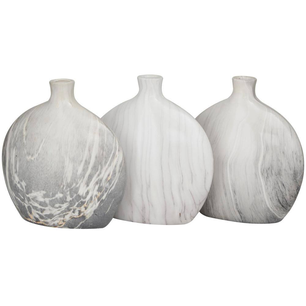 Set of Three Marble-Finish Ceramic Bottle Vases in Gray and White