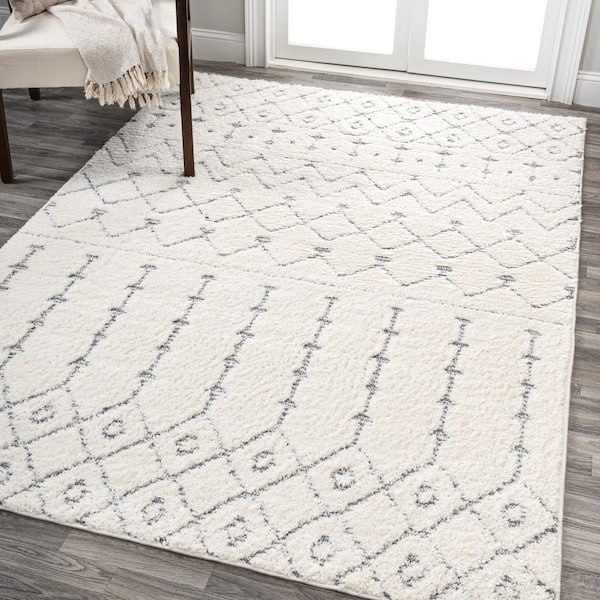 JONATHAN Y Pia Cream/Gray 3 ft. x 5 ft. Moroccan Trellis Plush Carved Area Rug