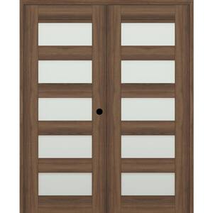 Vona 07-07 56 in. x 96 in. Left Active 5-Lite Frosted Glass Pecan Nutwood Wood Composite Double Prehung Interior Door